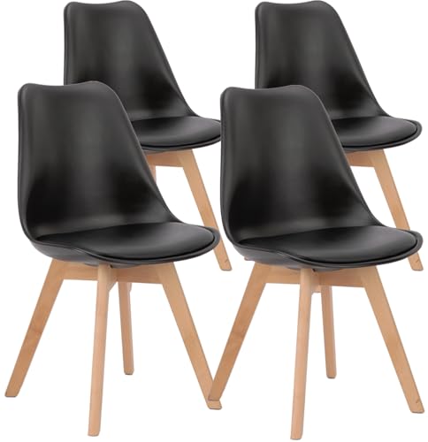 Dining Chairs Set of 4 Kitchen Mid-Century Modern Chairs with Wood Legs and PU Leather Cushion for Living Room Bedroom Outdoor