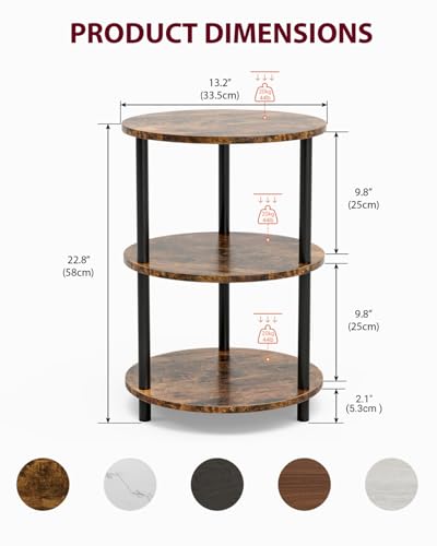 Small Round End Table - 3 Tier Design Accent Table, Narrow Side or Bedside Stand, Industrial Vintage Nightstand for Bedroom,