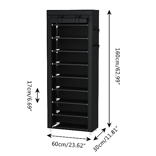 9 Tier Shoe Rack Organizer,Portable Shoe Shelf with Nonwoven Fabric Cover for Closet Hallway,Bedroom,Entryway,Black