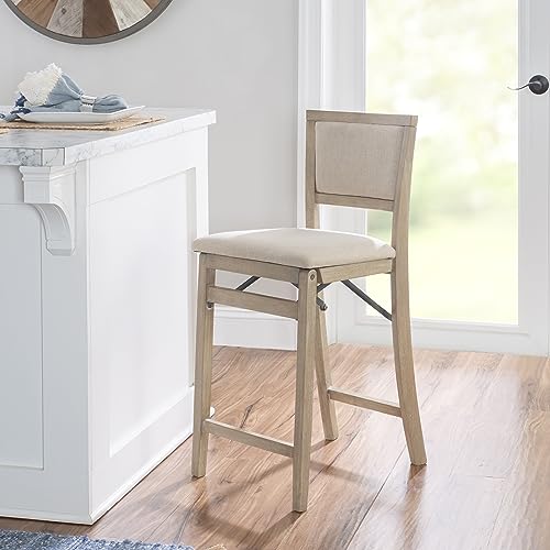Keira Natural Rustic Wooden Folding Counter Stool with Beige Upholstered Seat and Back
