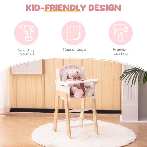 Wooden Baby Doll High Chair, Pink Wooden Baby Doll Chair for 18 Inch Dolls, Pretend Play High Chair Baby Doll Accessories, Small