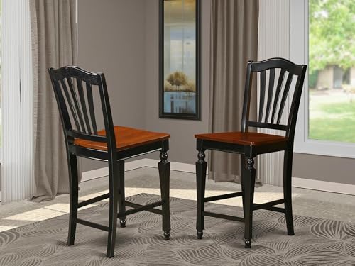CHS-BLK-W Chelsea Counter Height Barstools - Slat Back Wooden Seat Chairs, Set of 2, Black & Cherry