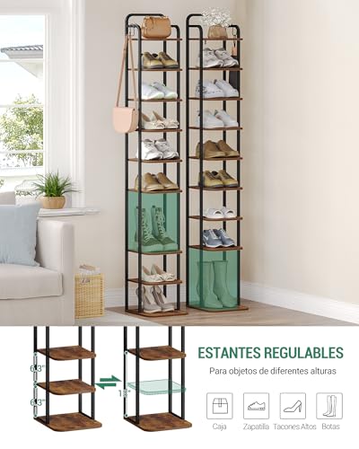 10 Tiers Vertical Shoe Rack, Narrow Shoe Tower, Tall Shoes Shelf with 2 Hooks, Adjustable Shelves, Corner Shoes Shelves for