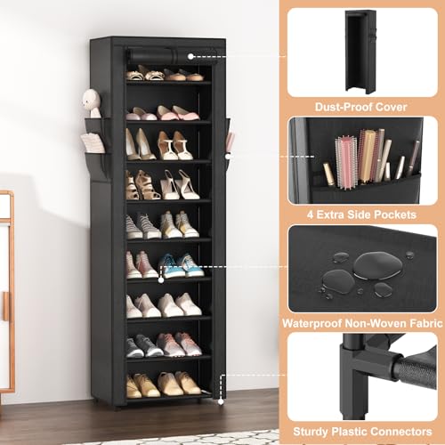 Shoe Rack with Cover Narrow Shoe Organizer with 4 Side Pockets 10 Tier Tall Shoe Storage Holds 18-22 Pairs Shoes and Boots Shoe