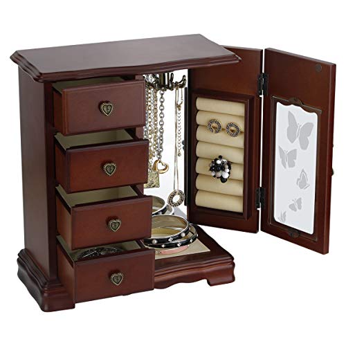 Solid Wooden Jewelry Box Makeup and Organizer Women Ring Storage with 4-Drawers Built-in Necklace Carousel and Mirror Brown