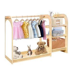 Kids' Dress Up Storage Closet with Mirror, 31.5 Inch Kids Wardrobe Closet with Shelves for Girls and Boys, Wooden Costume