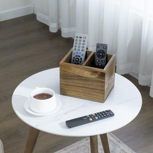Premium Acacia Solid Wood Tabletop TV Remote Control Holder with 2 Slots, Rustic Wooden Universal Remotes Storage Box, Sofa