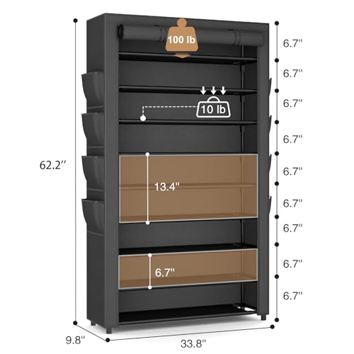 Shoe Rack with Cover, 10 Tier Shoe Organizer Storage for 40-50 Pairs Sneaker and Boots, Large Capacity, with 8 Pockets, Free