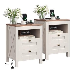 Nightstand Set of 2 with Charging Station, End Table, 18" Farmhouse Side Table with 2 Storage Drawers, Rustic Wooden Sofa Table,
