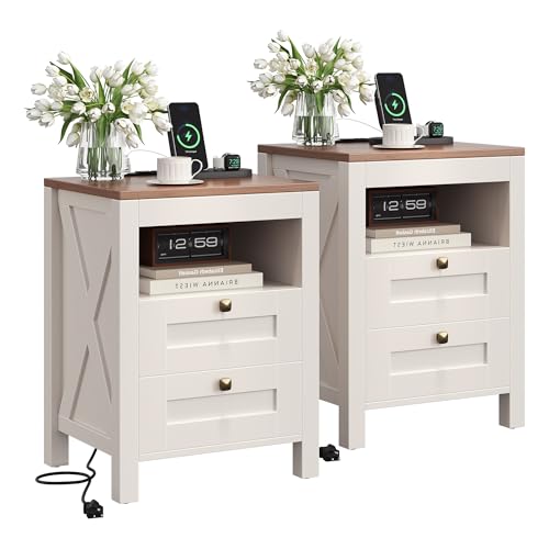 Nightstand Set of 2 with Charging Station, End Table, 18" Farmhouse Side Table with 2 Storage Drawers, Rustic Wooden Sofa Table,