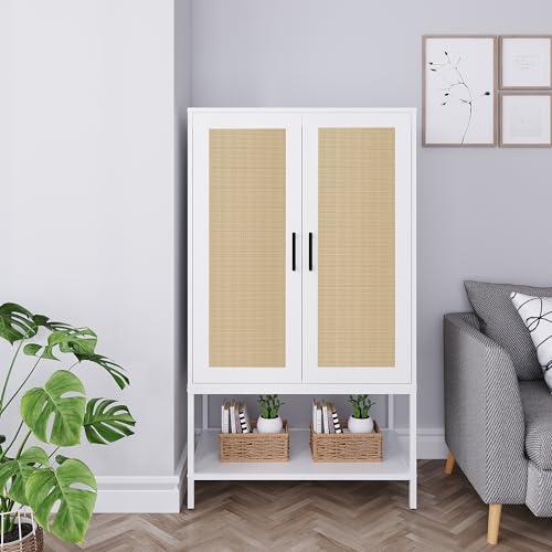 Wardrobe Closet,Rattan Bedroom Armoires with 2 Doors,Wooden Wardrobe Cabinet with Shelves and Hanging Rod for Clothes,White