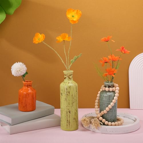 5 Pcs Rustic Country Tabletop Centerpieces Decor Set of 3 Boho Ceramic Vases with Wooden Serving Tray Wood Bead Garland Tassels