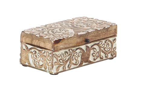 Mango Wood Floral Decorative Box Decorative Keepsake Boxes with Hinged Lid, Set of 3 Storage Boxes 8", 10", 12"W, Brown