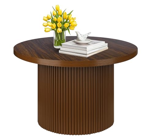 Round 31.5“ Unique Fluted Coffee Table,Small Brown Wood Tea Table,Mid Century Modern Boho Circle Rustic Center Table for Living