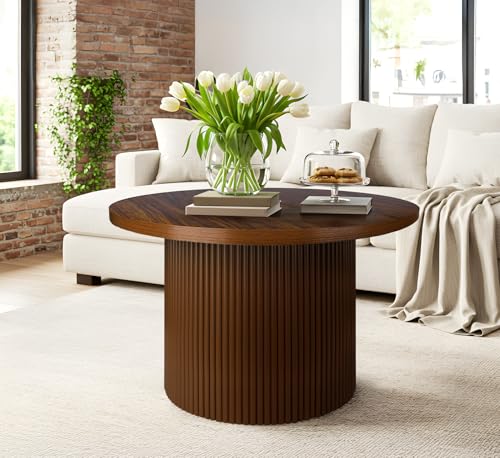 Round 31.5“ Unique Fluted Coffee Table,Small Brown Wood Tea Table,Mid Century Modern Boho Circle Rustic Center Table for Living