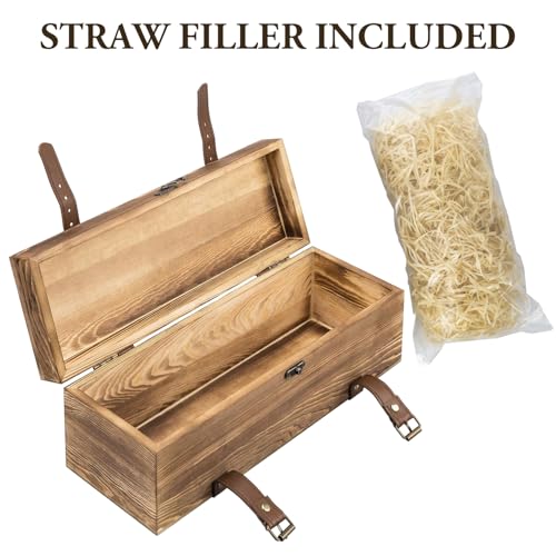 Vintage Wooden Wine Gift Box - Single Bottle Holder with Locking Latch & Leather Straps, Rustic Brown Wedding Champagne, Beer