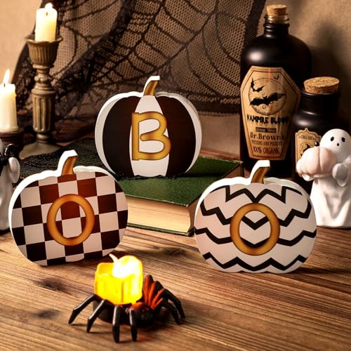 3 Pcs Wood Halloween Pumpkin Decorations Indoor Black and White Boo Pumpkins Wooden Table Signs Party Tiered Tray Decorations