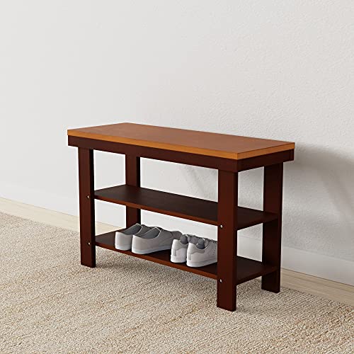 Solid Pine Wood Entryway Shoe Rack Bench, Espresso, 10.4" D x 27.56" W x 17.72" H