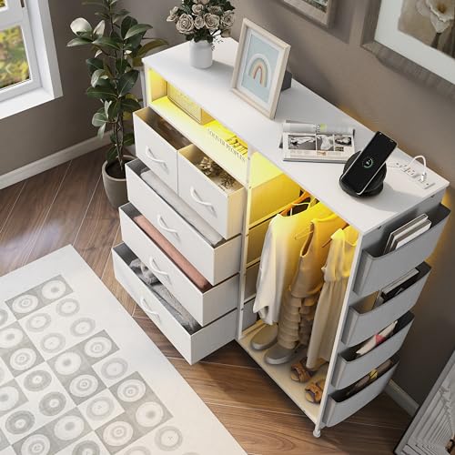 Dresser for Bedroom with Clothes Rack Side Pockets White 5 Drawers Dresser with Charging Station LED Lights Sturdy Steel Frame