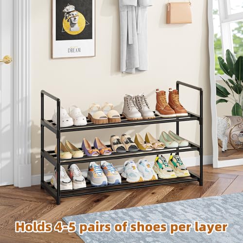 Shoe Rack, 3-Tier Shoe Organizer, Metal Storage Shelf, for 16-20 Pairs, Stackable, for Entryway, 11.75 x 36.5 x 21.5 Inches,