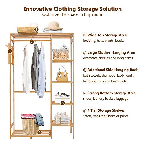 Bamboo Garment Rack 6 Tier Storage Shelves Clothes Hanging Stand with Side Hooks, Heavy Duty Clothing Rack Portable Wardrobe