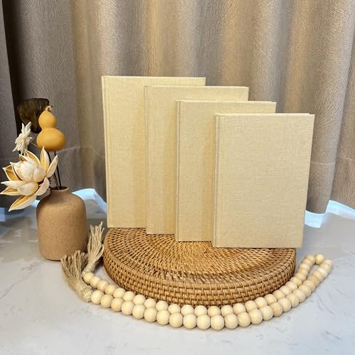 Linen Covered Decorative Books 4 Pieces, Neutral Home Decor Coffee Table Books with Wooden Beaded Tassel, Stacked Books for