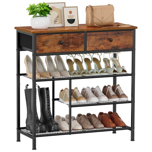Shoe Rack, 4 Tier Shoe Storage Organizer with 2 Drawers, Shoe Storage Shelves with Sturdy Wooden Top and Metal Shelves, Free