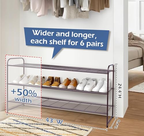 Long 3 Tier Shoe Rack for Closet Wide Shoe Storage Organizer Stackable Metal Shoe Shelf for 24 Pairs Men Sneakers with Wire Grid