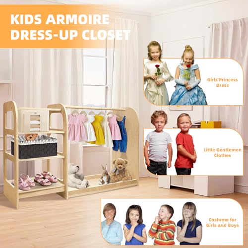 Kids' Dress Up Storage Closet with Mirror, 31.5 Inch Kids Wardrobe Closet with Shelves for Girls and Boys, Wooden Costume