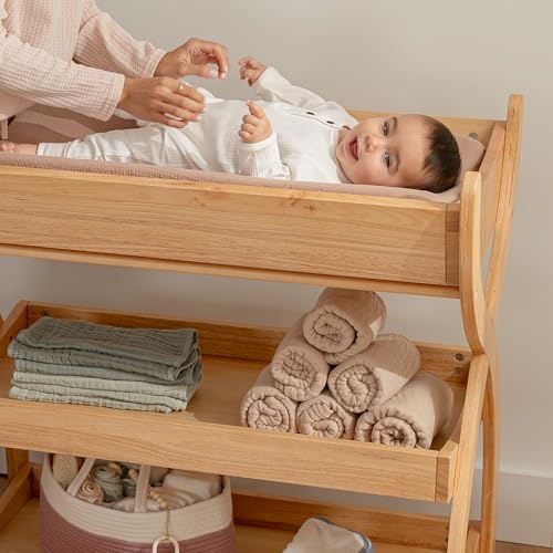 Baby Changing Table - Sturdy Wood Construction, Timeless Look Baby Change Table with Two Open Shelves for Infant Daycare
