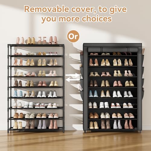 Shoe Rack with Cover, 8 Tier Tall Shoe Organizer Storage for 36-45 Pair Shoes and Boots Large Shoe Storage Shelf Free Standing