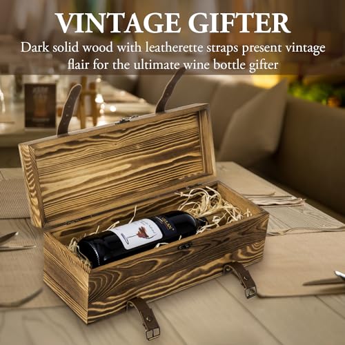 Vintage Wooden Wine Gift Box - Single Bottle Holder with Locking Latch & Leather Straps, Rustic Brown Wedding Champagne, Beer
