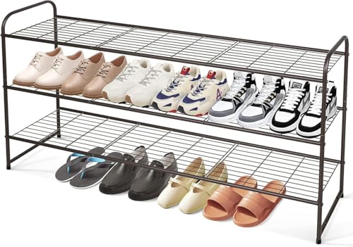 Long 3 Tier Shoe Rack for Closet Wide Shoe Storage Organizer Stackable Metal Shoe Shelf for 24 Pairs Men Sneakers with Wire Grid
