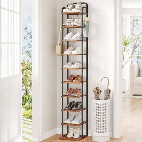 10 Tiers Vertical Shoe Rack, Narrow Shoe Tower, Tall Shoes Shelf with 2 Hooks, Adjustable Shelves, Corner Shoes Shelves for