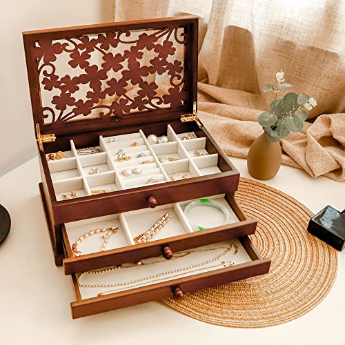 Wooden Jewelry Box, 3 Layer Jewelry Box for Women, Jewelry Holder Organizer, Wood Jewelry Storage Case for Necklaces, Earring,