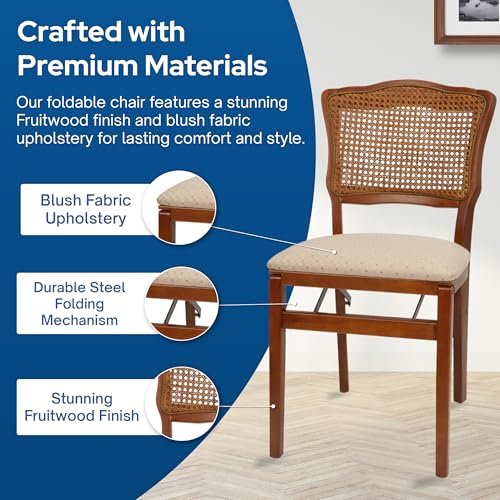 Stakmore French Cane Wooden Folding Chairs with Padded Seats, Set of 2 - No Assembly Foldable Dining Chairs, Steel Folding