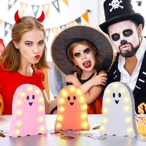 3 Pcs Halloween Ghost Light Decor Halloween LED Marquee Light Up Wooden Signs Pink Ghost Table Centerpiece Decor for Indoor