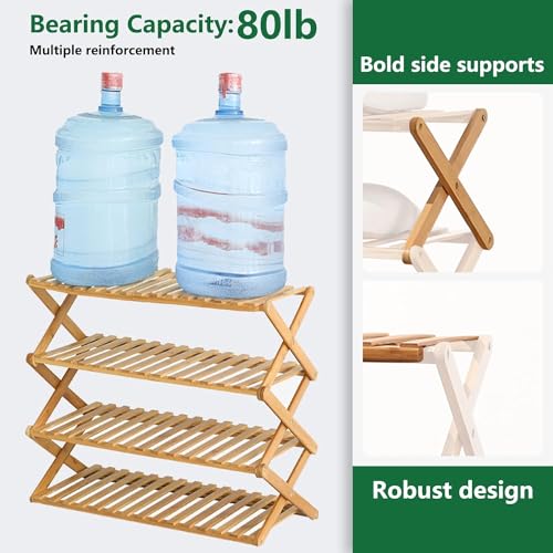 4 Tier Bamboo Shoe Rack,Portable Folding Shoe Storage Rack,Without Installation Small Shoe Rack Perfect for Corridors, Bedrooms