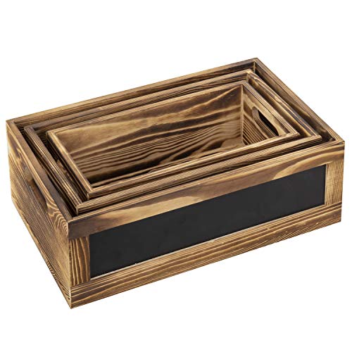 Rustic Burnt Wood Nesting Storage Bins with Chalkboard Panel and Cutout Handles, Decorative Farmhouse Wooden Stackable Open Top