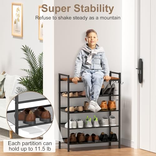 Shoe Rack for Front Door Entrance, 5 Tier Height-Adjustable Metal Shoe Rack, Sturdy Wooden Top and Tiltable Steel Frame Heavy