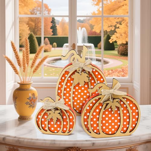 Fall Decor-3 Pcs Wooden Pumpkin Decor for Autumn Table, Mantel Decor, Fall Tiered Tray Decor, Autumn Table, Shelf, Bedroom，Fall