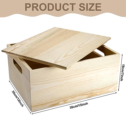 Wooden Storage Box 15 x 12 x 7 Inches Pine Wood Decorative Crate Box with Hand Holes and Lid Plain Unpainted Wooden Storage Bins