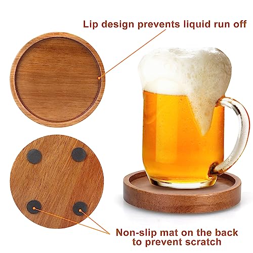 6 Pcs Best Wooden Coasters with Holder Coffee Table Decor Acacia Wood Coaster Set Modern Cup Coaster for Drink Home Dining Table