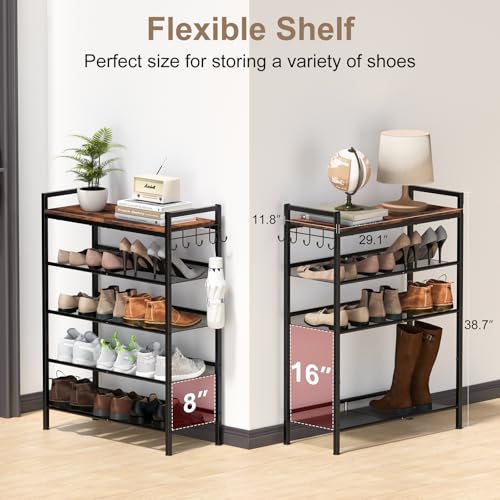 Shoe Rack for Front Door Entrance, 5 Tier Height-Adjustable Metal Shoe Rack, Sturdy Wooden Top and Tiltable Steel Frame Heavy