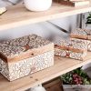 Mango Wood Floral Decorative Box Decorative Keepsake Boxes with Hinged Lid, Set of 3 Storage Boxes 8", 10", 12"W, Brown