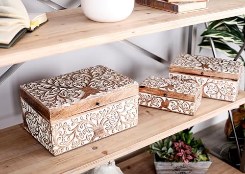 Mango Wood Floral Decorative Box Decorative Keepsake Boxes with Hinged Lid, Set of 3 Storage Boxes 8", 10", 12"W, Brown