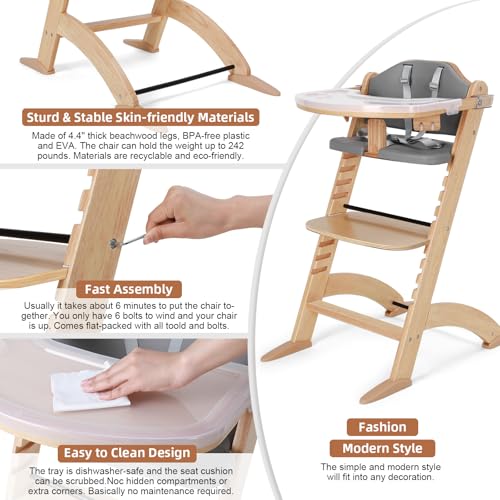 New Upgrade 3-in-1 Convertible Wooden High Chair for Babies & Toddlers 10 Levels Adjustable 3-Tier Remove & 2 Adjustable Wood