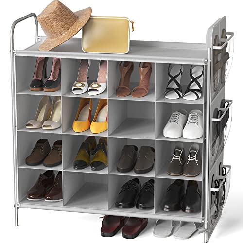 4-Tier 16 Cube Shoe Cubby Rack Organizer, Gray