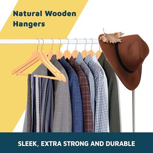 Wooden Clothes Hangers – with 360 Degree Swivel Hook and Non-Slip Shoulder Notch, Holds Up to 10 lbs, Pants Bar Design,