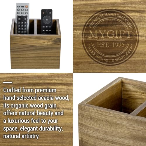Premium Acacia Solid Wood Tabletop TV Remote Control Holder with 2 Slots, Rustic Wooden Universal Remotes Storage Box, Sofa